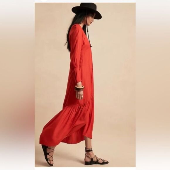Banana Republic Long Sleeve Deep V Neck Flounce Hem Reddish Orange Maxi Dress 2 - Picture 1 of 16